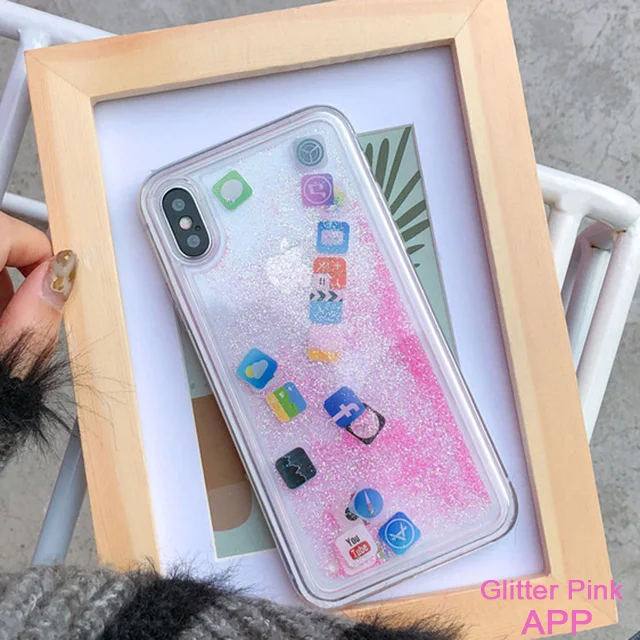 APP Glitter pink Чехол с приложением Quicksand для iPhone 6, 6 S, 7, 8 Plus, X, XR, XS Max, динамический жидкий жесткий чехол из поликарбоната, чехол с улыбающимся лицом, милый чехол для девочки, водонепроницаемый - Цвет: APP Glitter pink