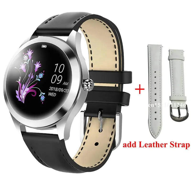 add leather strap KW10 Смарт-часы для женщин IP68 Водонепроницаемый мониторинг сердечного ритма Bluetooth для Android IOS фитнес-браслет умные часы - Цвет: add leather strap