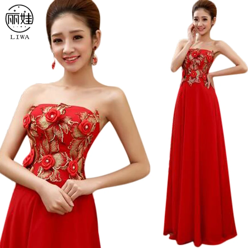 

Chinese Style Strapless Floor-length Wedding Dresses WIth Flower Elegant Bridal Banquet Long Dress Vestido De Noiva LF28