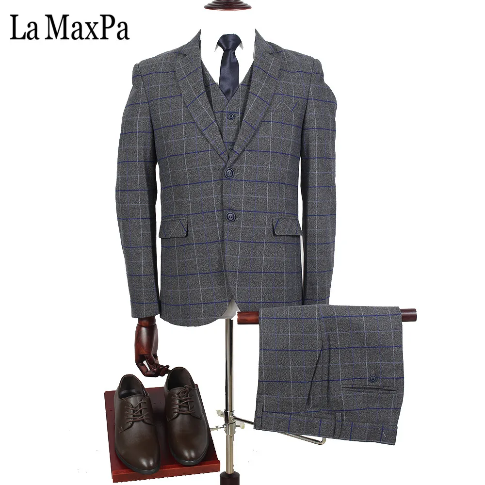 La MaxPa (куртка + жилет брюки) на заказ мужчины плед костюм slim fit пром жених партия