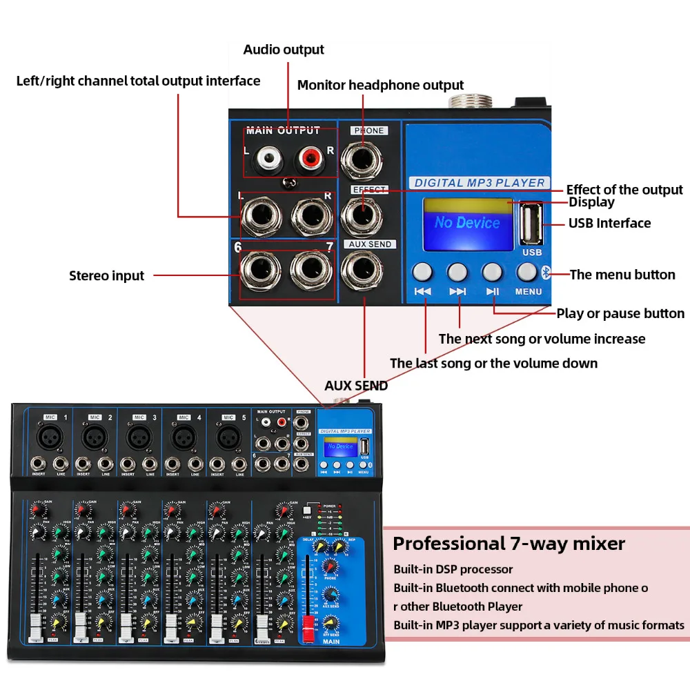 Depusheng 7 канал USB цифровой Микрофон Звук микшерный пульт профессиональный караоке аудио усилитель, работающий на основании технологии "блютус" с bluetooth