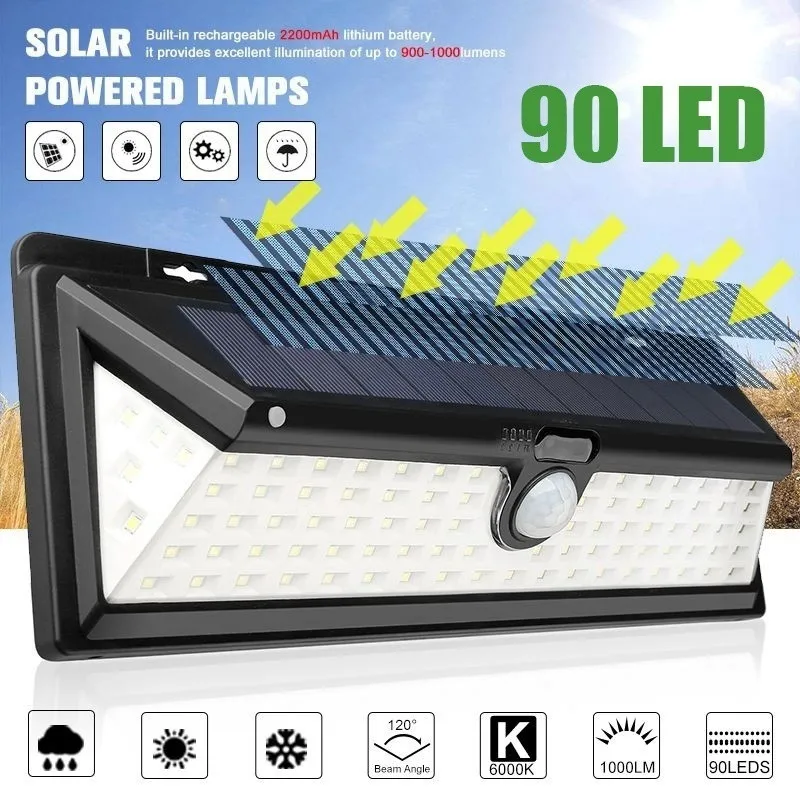 90 LED 1000LM водонепроницаемый PIR датчик движения Солнечный садовый настенный