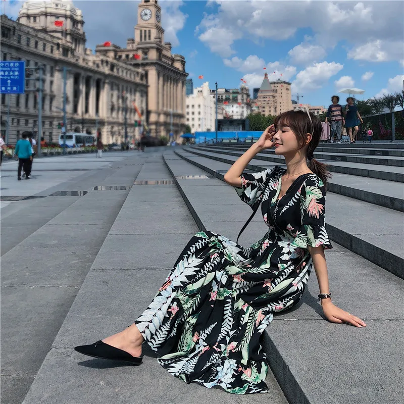 Female Summer Dress 2019 New Korean Fashion Women Short Sleeve Black Floral Print Long Chiffon Dresses | Женская одежда
