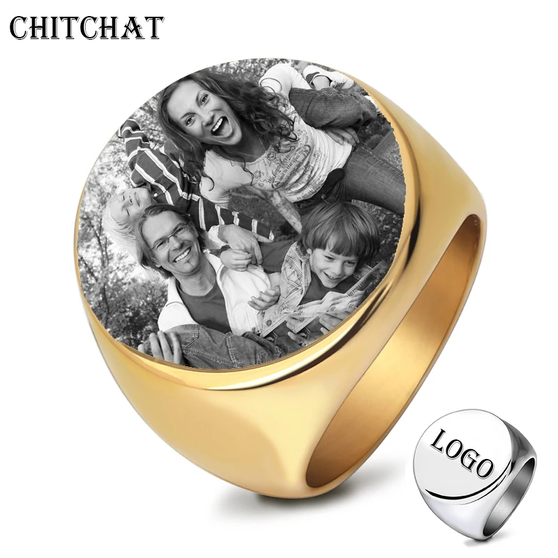 Anillos personalizados para hombre, anillo redondo de acero inoxidable con foto y logotipo grabado, para boda familiar, regalos personalizados