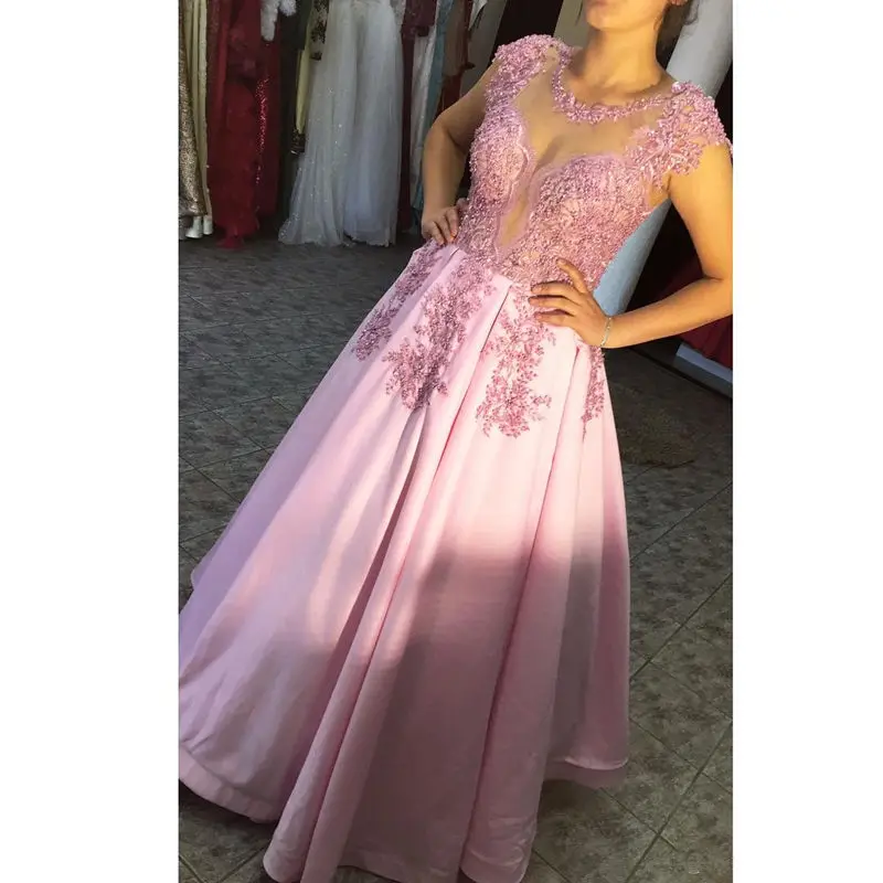Женское атласное вечернее платье розовое ТРАПЕЦИЕВИДНОЕ кружевное иллюзионное
