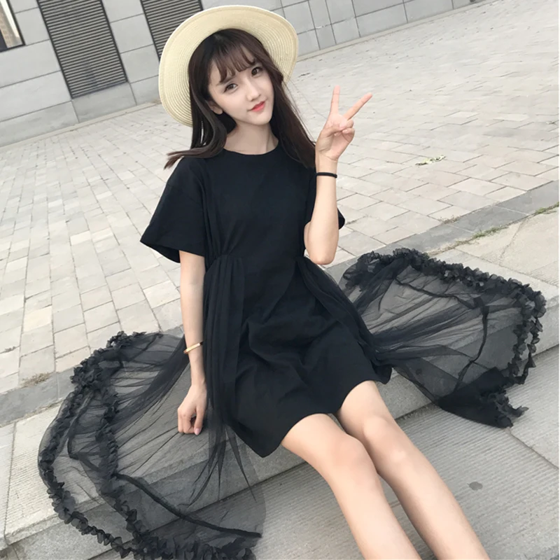 

2018 summer new women's Korean loose loose thin yarn mosaic short-sleeved round neck lace retro temperament Dress