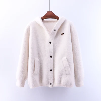 Beige white Зимняя Светодиодная лампа направленного света пальто с капюшоном свитер женская модная брошь однобортный свитер высокого качества пальто женское - Цвет: Beige white