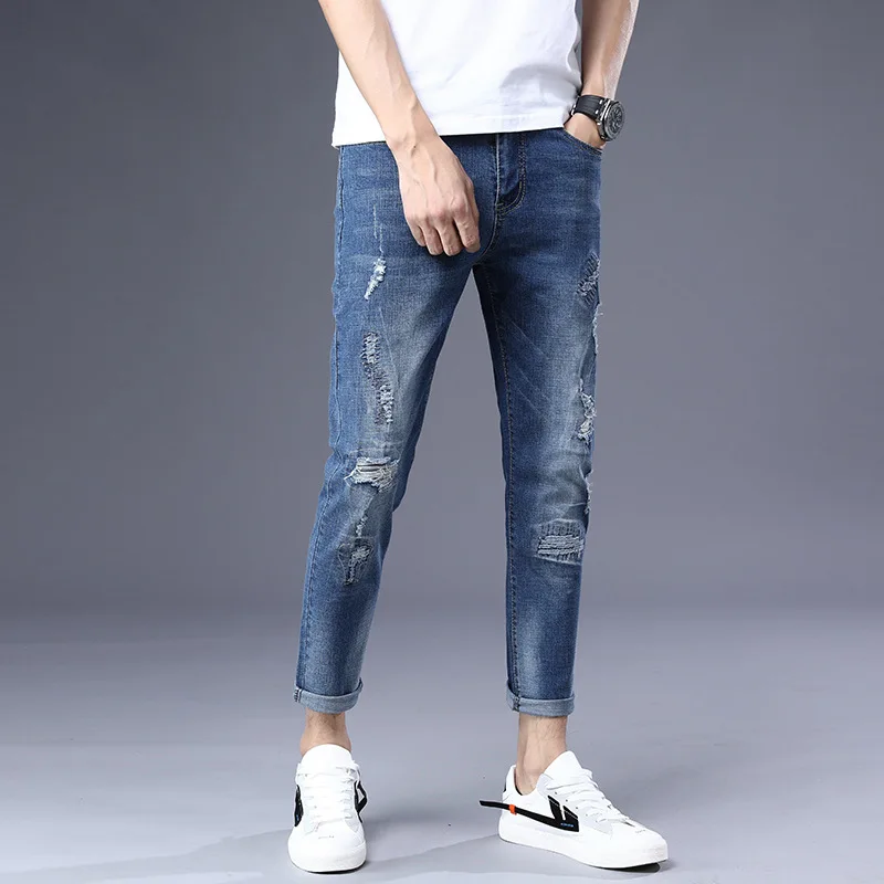 

The new spring and summer 2020 feet nine minutes of pants jeans male hole in cultivate one's morality spring tide men's trousers
