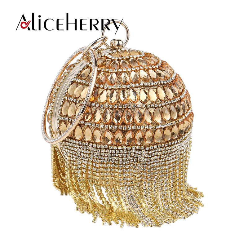 

Round Ball Evening Bags Women Luxury Diamonds Day Clutch Circular Chain Elegant Wedding Tassels Ring Cosmetics Purse Wallets