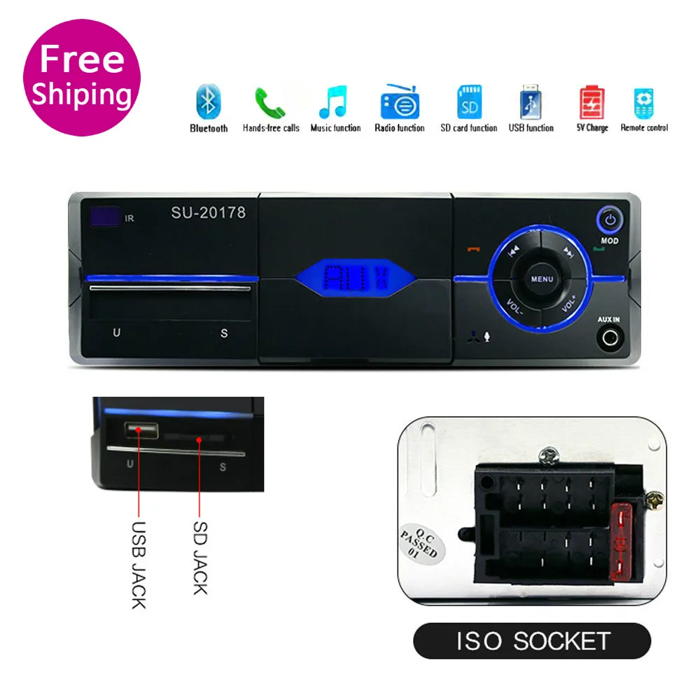 1 Din автомобильный Радио MP3 аудио плеер Bluetooth Hands free FM стерео поддерживает