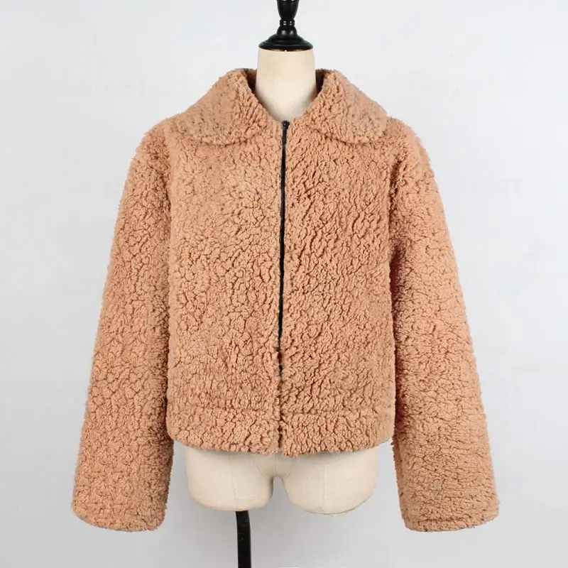 

Laipelar Women Faux Fur Coat Winter Fluffy Plush Fleece Warm Shaggy Jacket Overcoat Female Lapel Zipper Short Jacket Outwear