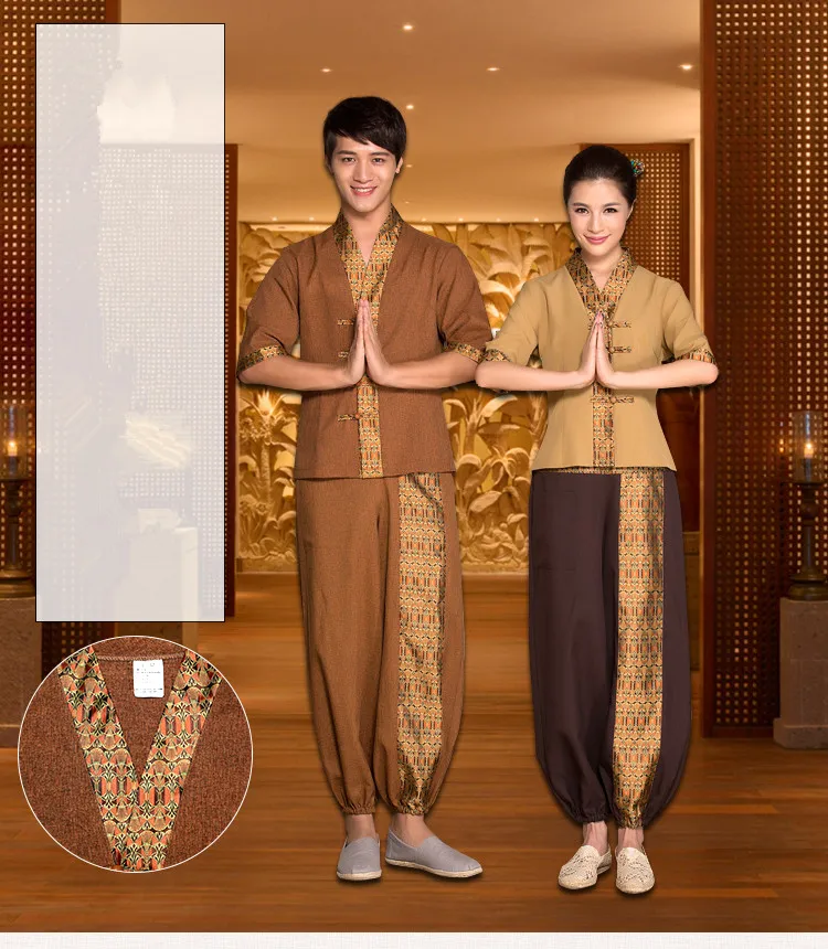 Для Мужчин's Thai одежда для массажа здоровья Клубные V образным вырезом из хлопка и льна, топ+ штаны, Таиланд модная униформа для сотрудниц спа-салонов