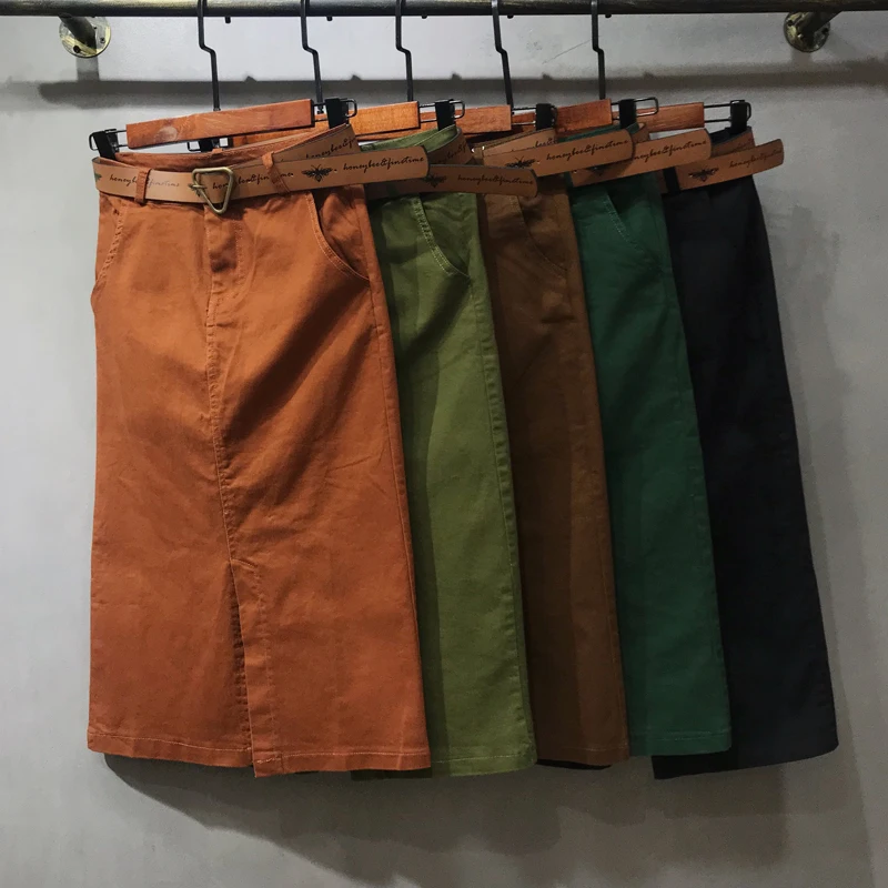 Spring autumn new fashion high waist front split package hip step denim skirt knee-length jeans | Женская одежда