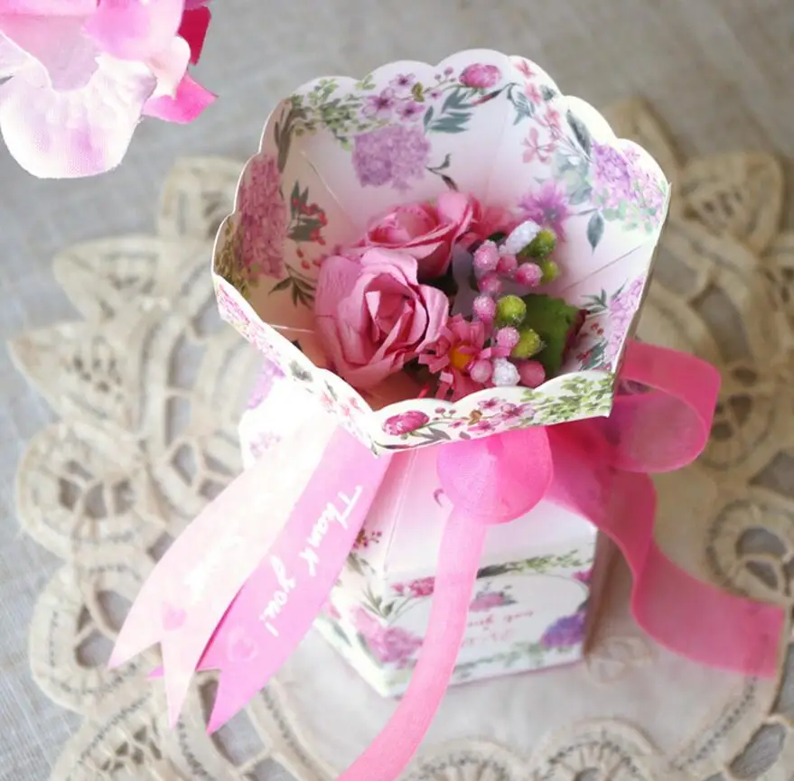 100 шт обработанные лазером коробки для конфет с цветком розовая лента свадебной