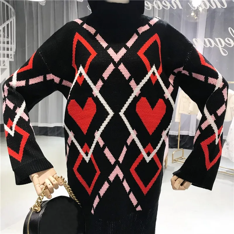2018 осень-зима платье Для женщин модный свитер Sweet Heart Argyle водолазка вязаный