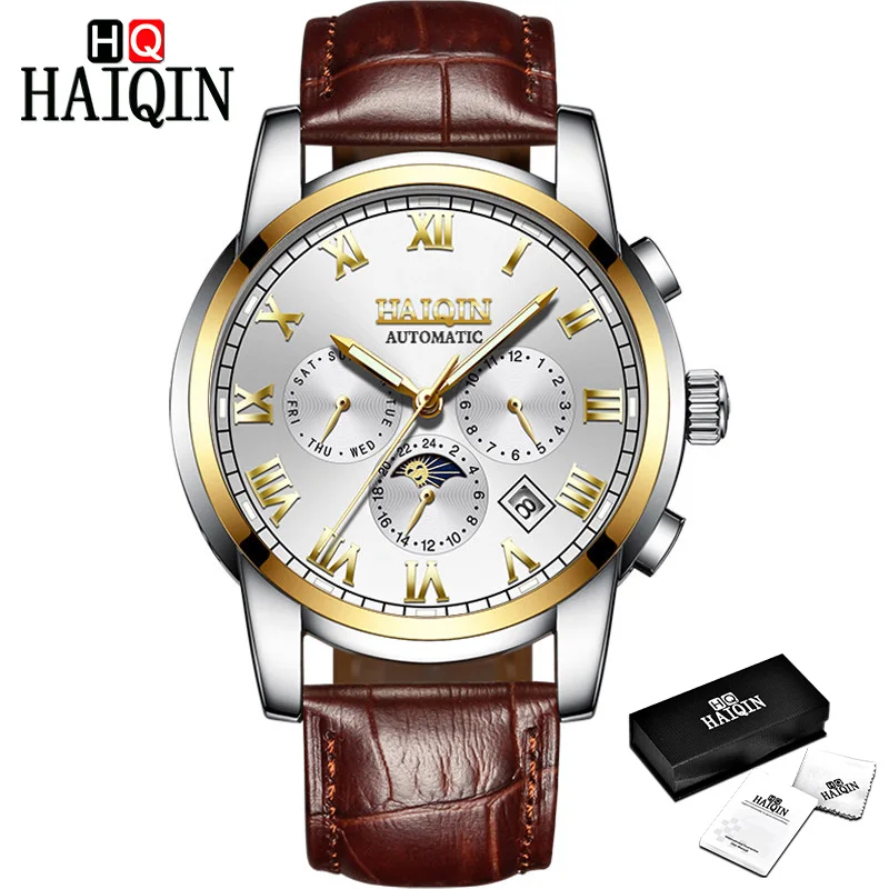 Gold-White L-Brown HAIQIN мужские часы, мужские часы, новые механические мужские часы, роскошные черные модные спортивные часы, водонепроницаемые военные мужские часы - Цвет: Gold-White L-Brown