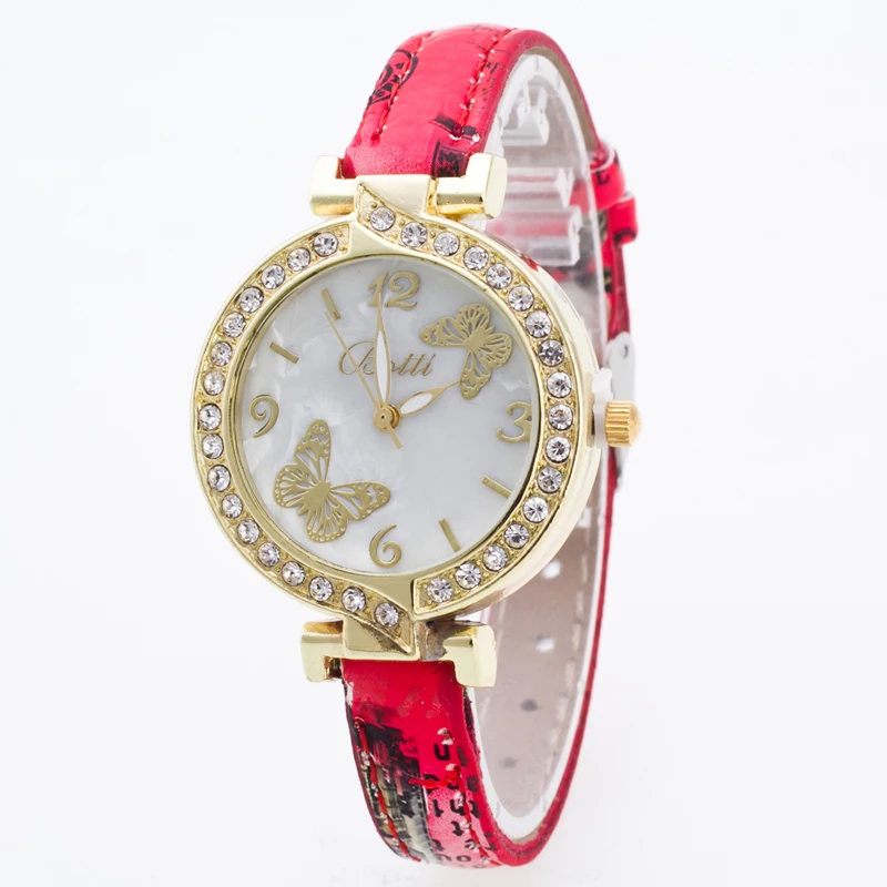 100pcs/lot botti-7 mini leather belt botti butterfly watch gold case flower crystal lady casual elegance wristwatch | Наручные часы