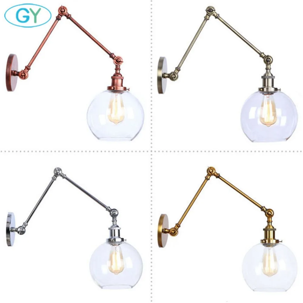 Vintage Industrial Antique Wall Lamp Globe Shade Swing Arm Wall Sconces with Clear Glass Shade E27 Deco Luminaria Home Lighting