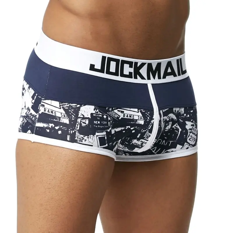 JOCKMAIL, боксеры, дышащее хлопковое сексуальное мужское нижнее белье, u-образный выпуклый мешочек, мужское нижнее белье, натуральный принт с героями мультфильмов, Молодежные трусы-боксеры для больших мальчиков - Цвет: JM429 DARK BLUE