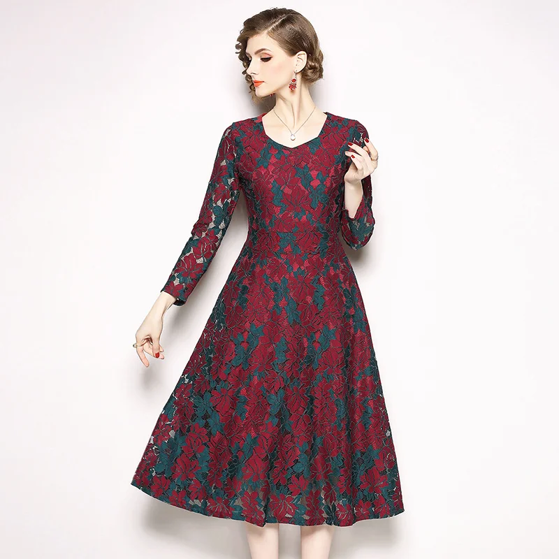 Осеннее красное рождественское кружевное платье с длинными рукавами Vestidos зима