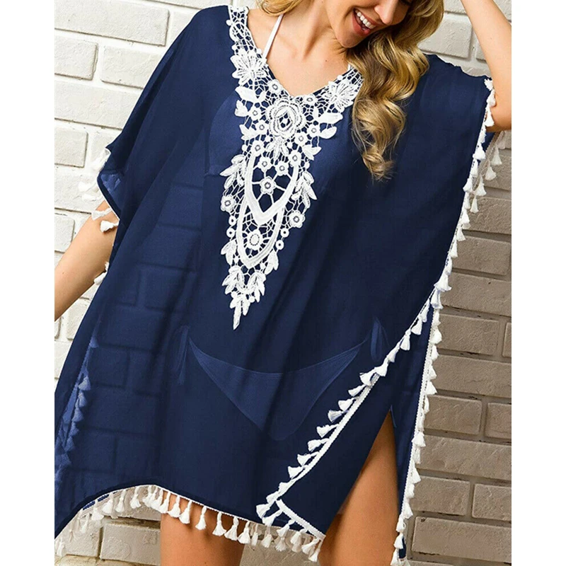 As photo shows Womens Bikini Cover Up Dress Beach Tunic Boho Summer Dress Short Sleeve Swimwear Beachwear Bathing Suit Vintage Clothes - Цвет: As photo shows