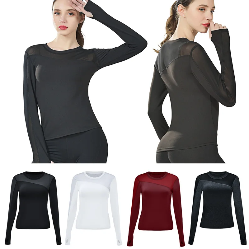 

Hot Women Tops Solid Color Long Sleeves Mesh Quick Dry Stretchy T-shirt for Gym Yoga DO2