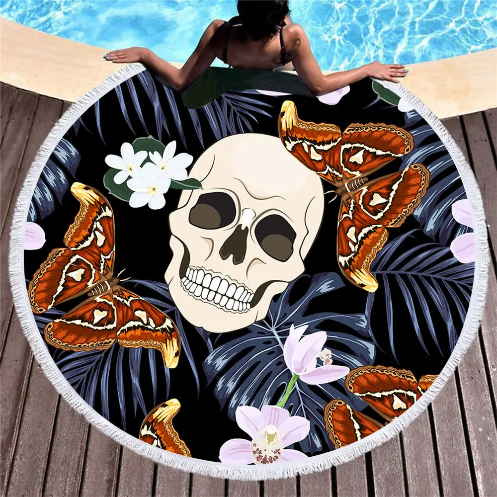 Круглое пляжное полотенце из микрофибры с принтом черепа цветами и кисточками
