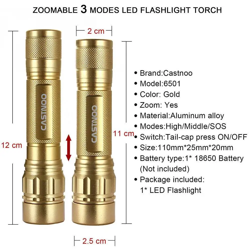 Светодиодный фонарик CASTNOO водонепроницаемый с 3 режимами работы 2000 лм Q5 18650|led