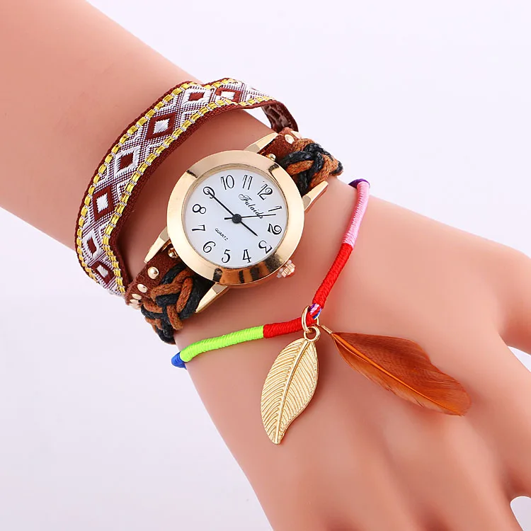 100 шт./лот эксклюзивные кожаные часы с большим пером модные плетеные женские