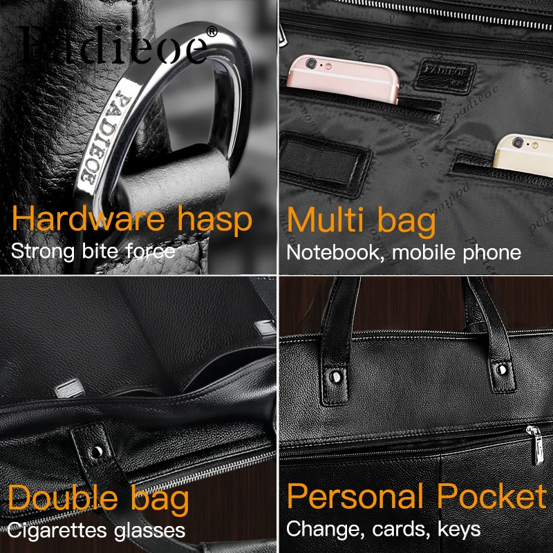 Padieoe Designer Briefcase Male Genuine Leather Mens Fashion Men Shoulder Laptop Bags Portfolio Bag Business | Багаж и сумки