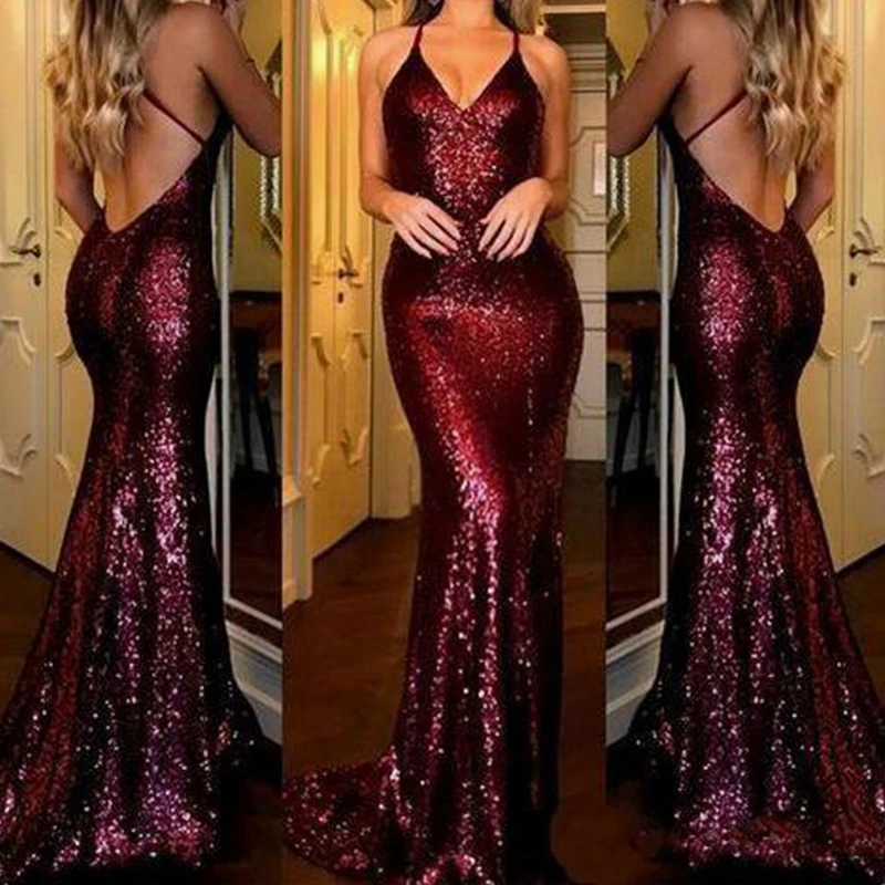 

New Sexy Burgundy Prom Dresses with V Neck Criss-Cross Backless Bling Mermaid Prom Dress 2021 Gold Sequins Evening Dress Cheap