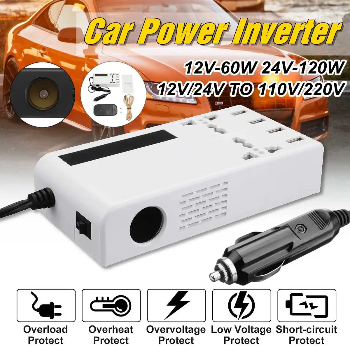 Многофункциональный автомобильный инвертор 12 V/24 V постоянного тока до AC110V/220 V 60 W/120 W Мощность конвертер Зарядное устройство автомобильный сигаретный прикуриватель Дисплей Напряжение