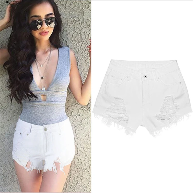 Europe Summer Fashion S-2XL Short Jeans Woman Pure Color White Slim Irregular Ripped for Women Holes Pockets Denim Shorts |