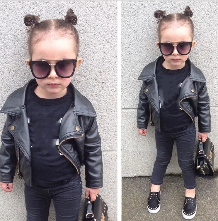 Brand baby girl jackets and outerwear sprng autumn new Pu leather jackets black fashion coats for children 2-7Y WS46