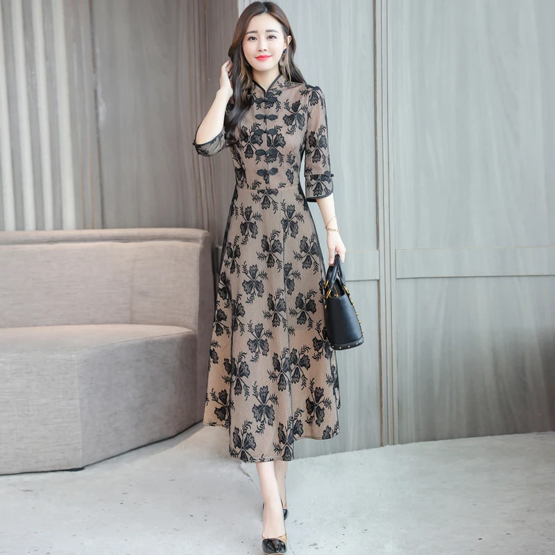 Женское традиционное китайское платье Cheongsam длинное винтажное в стиле ретро
