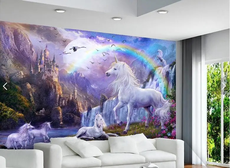 Bacaz 5D Papel мультфильм росписи обои замок Радуга Белая лошадь 3d настенные фотообои
