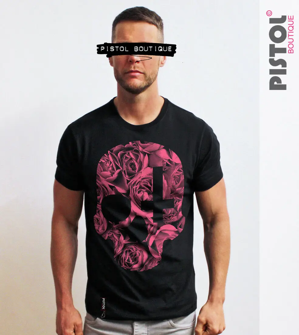 Пистолет бутик Negro de Hombre Cuello Redondo Rosa Calavera Cruzado FloresTops оптовая продажа футболка на