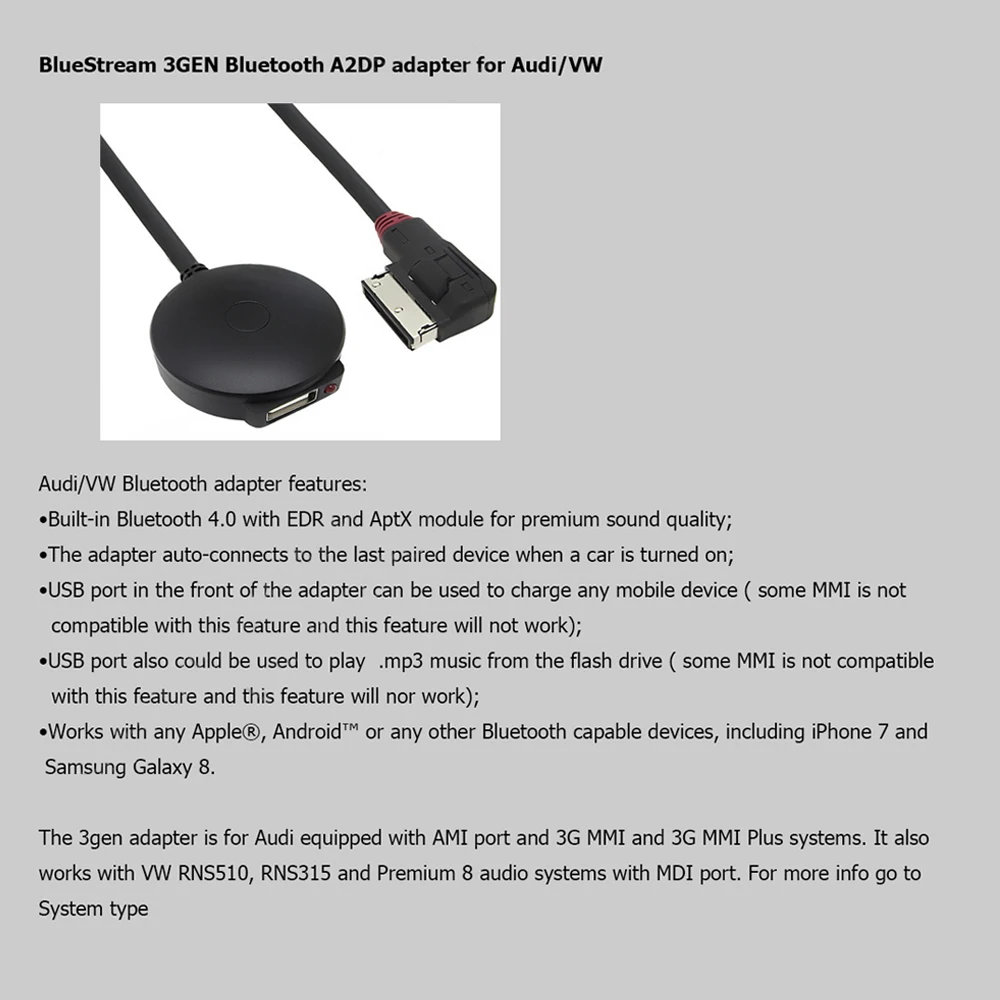 SITAILE медиа в AMI MDI к Bluetooth аудио Aux и USB Женский Кабель-адаптер для автомобиля VW AUDI A6 Q7 3ENG Late Than 2009