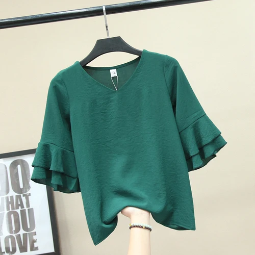 Dark green Модная брендовая женская блузка, летняя шифоновая рубашка с рукавом-бабочкой и v-образным вырезом, Повседневная блуза размера плюс 4XL, свободные женские топы - Цвет: Dark green