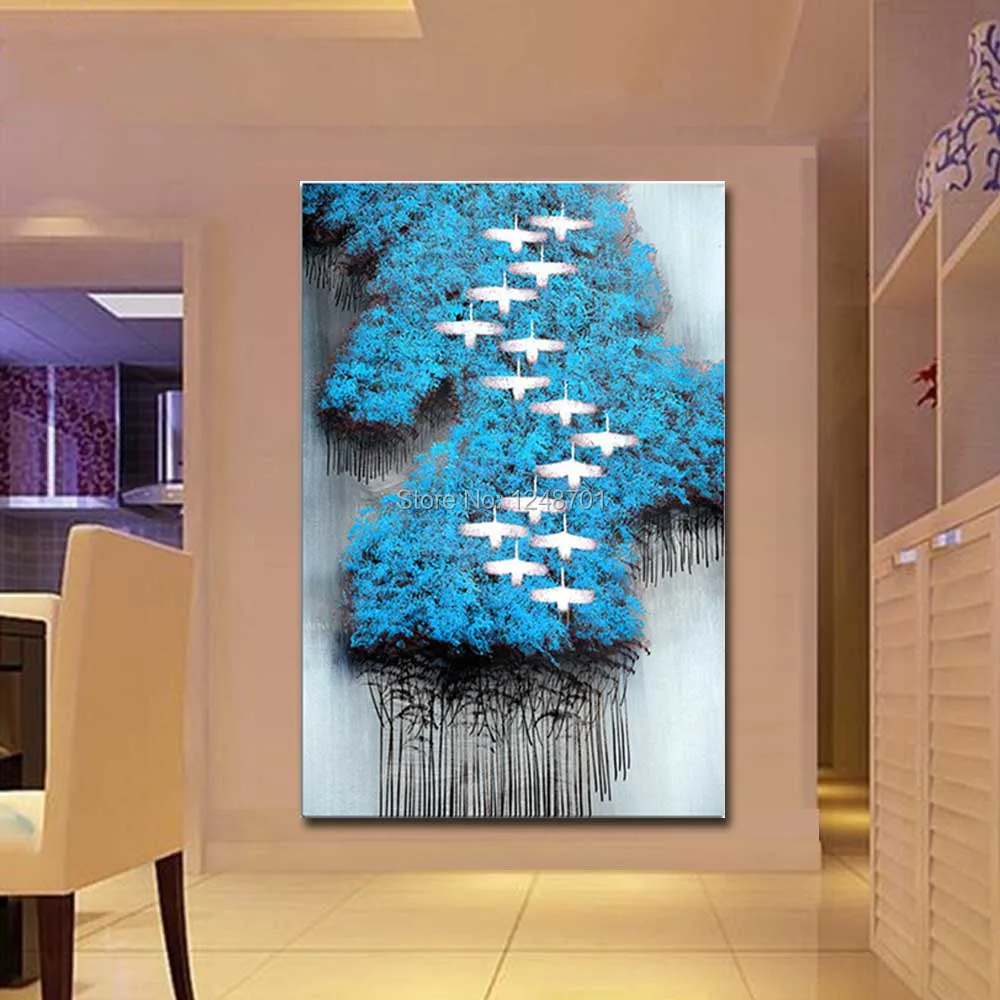 

100% Hand Painted Abstract Birds Blue Forest Oil Painting On Canvas Lovely White Birds Wall Picture For Living Room Home Decor