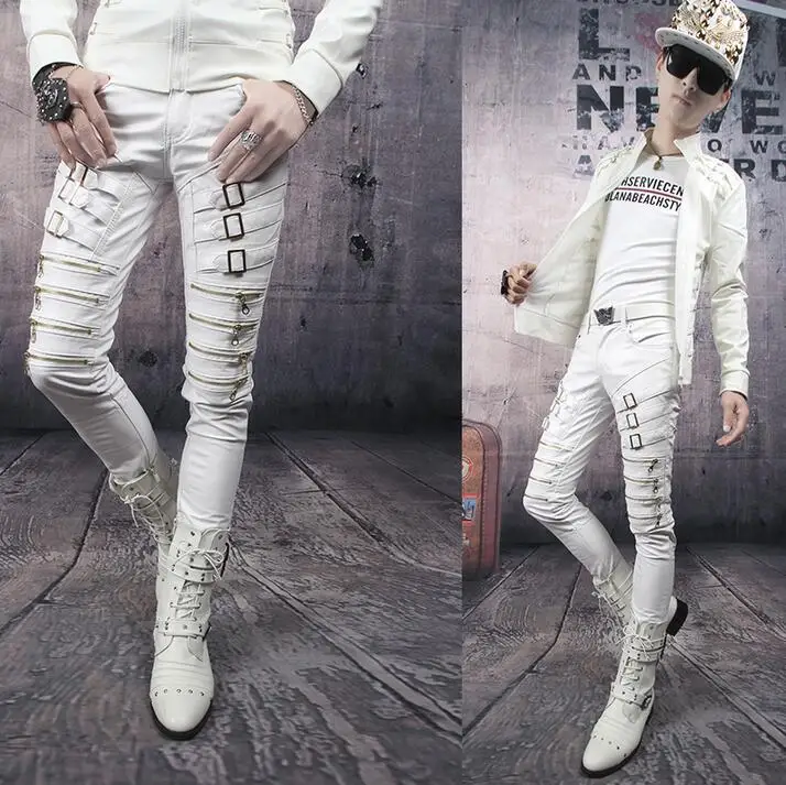 Black red white personality fashion mens motorcycle leather pants punk slim pant feet trousers multi-zipper pantalon homme | Мужская