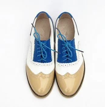 blue white yellow Винтажные женские туфли-оксфорды в британском стиле; Коллекция года; туфли на плоской подошве из натуральной кожи; женские черные лакированные туфли ручной работы; американский размер 13 - Цвет: blue white yellow