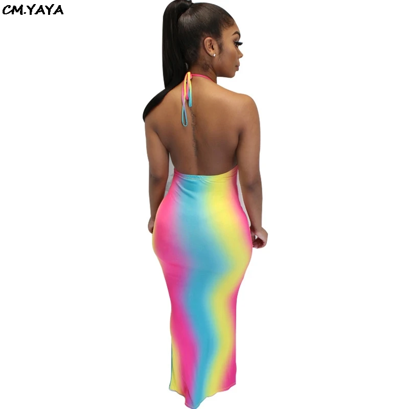 2019 new women summer rainbow halter neck open back bodycon midi maxi dress club party sexy night long dresses 3 color GLME2705 | Женская