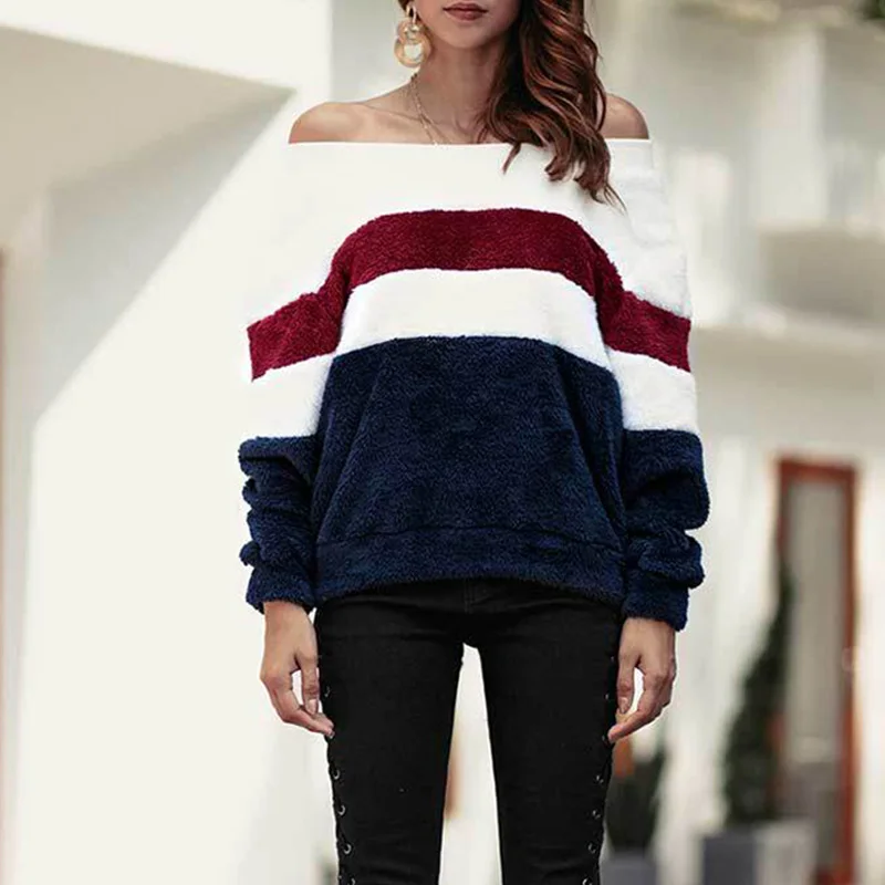 Uvkkc Women Hoodies 2019 New Winter Fashion Female Sweatshirts Pullover Patchwork Striped Loose Warm Casual For | Женская одежда