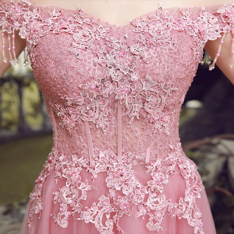 Распродажа милое розовое кружевное вечернее платье с вышивкой свадебное тонкое