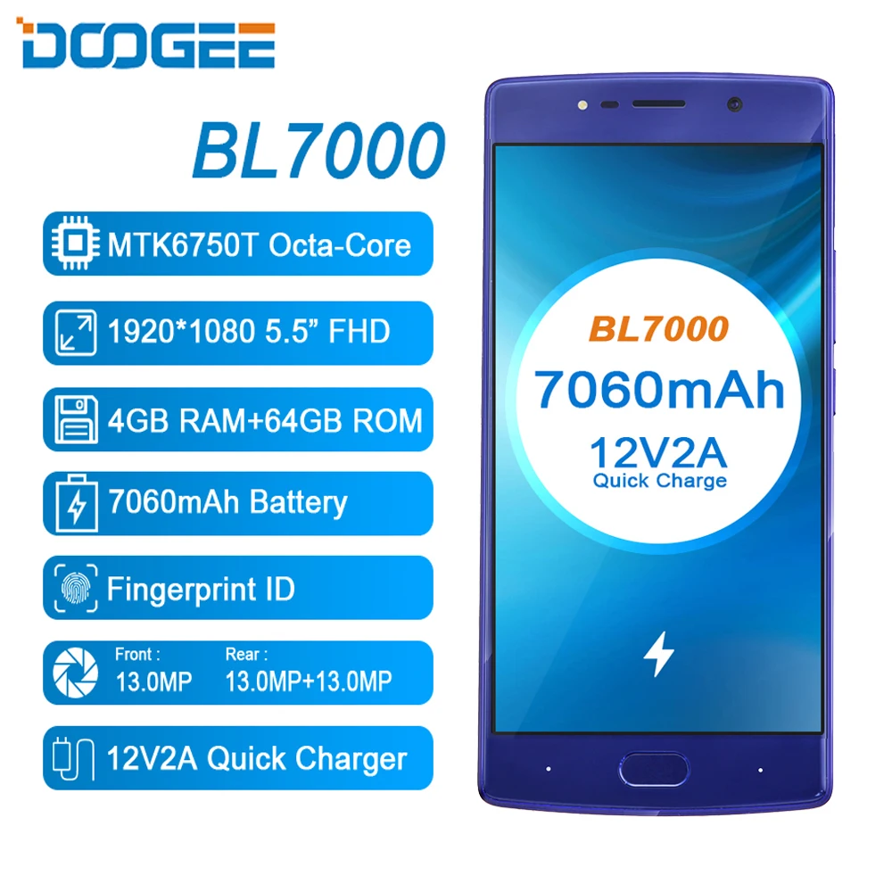 Doogee Bl7000 7060 мАч 12v2a Быстрая зарядка 5 ''Fhd Mtk6750t Восьмиядерный 4 Гб ОЗУ 64 ПЗУ