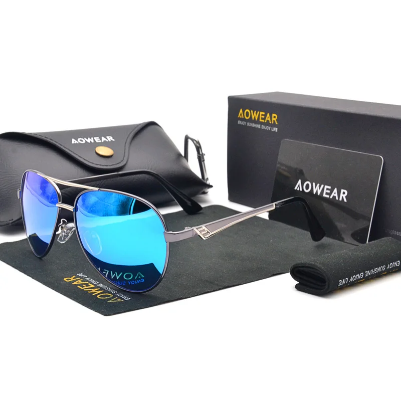 AOWEAR Роскошные брендовые дизайнерские классические авиационные солнцезащитные очки, мужские Поляризованные солнечные очки из сплава с синим покрытием для вождения, Gafas De Sol Hombr