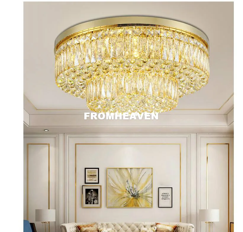 Koop Gratis Verzending Gouden Plafond Lichtpunt Moderne Champagne Kristallen Plafondlamp Ronde Inbouw Armatuur Lustres