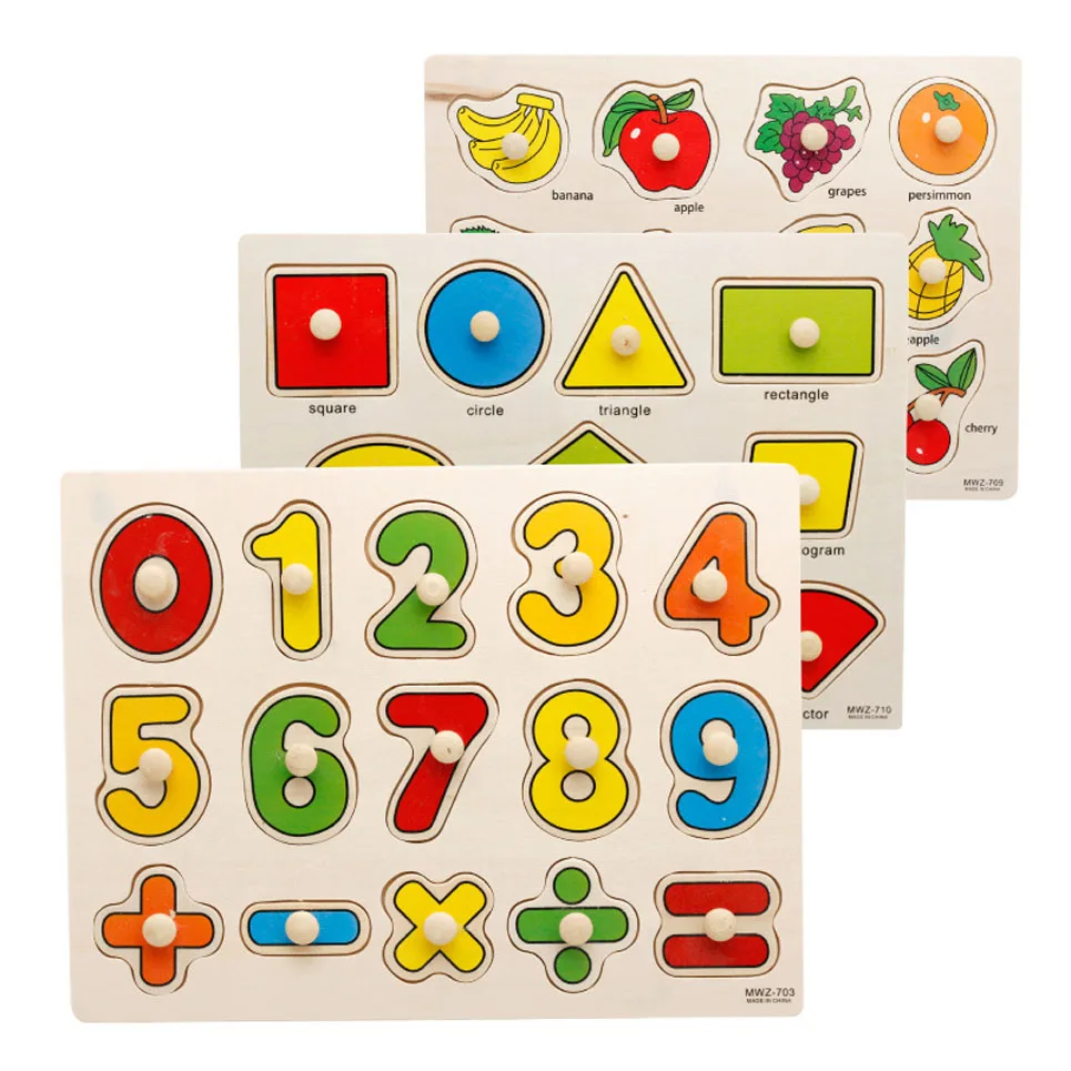 Children Montessori Educational Wooden Jigsaw Puzzle Toy Hand Grab Board Set Geometric Shape Colour Numbers Alphabet Toys | Игрушки и