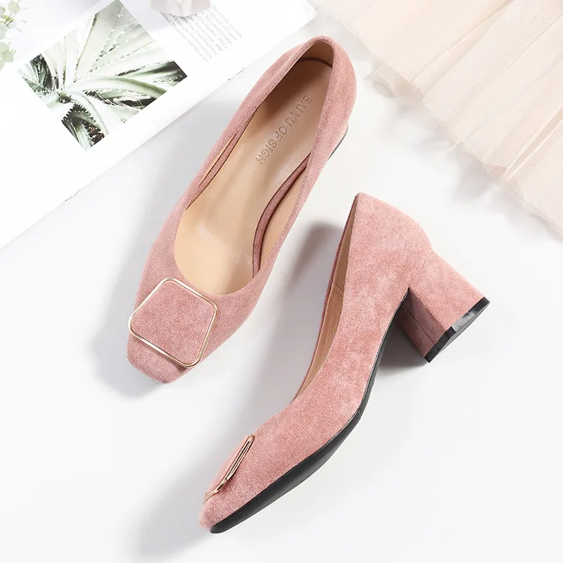 

Women's high heels 2019 spring square head high heels fashion square buckle women's shoes shallow mouth thick heel shoes women